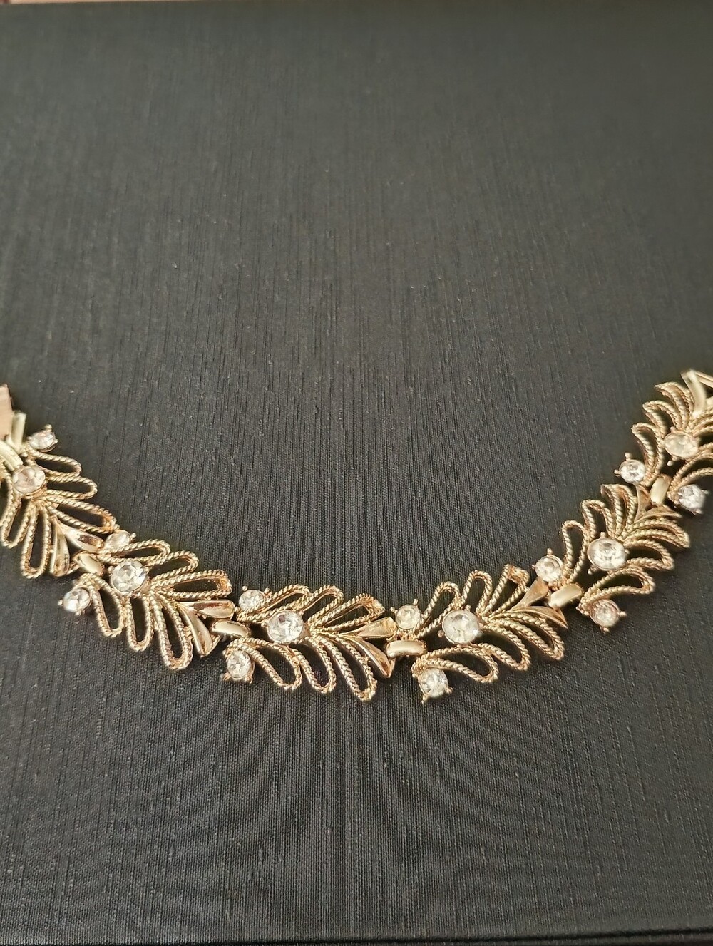 Coro Gold-Tone Leaf Necklace with Clear Rhinestones